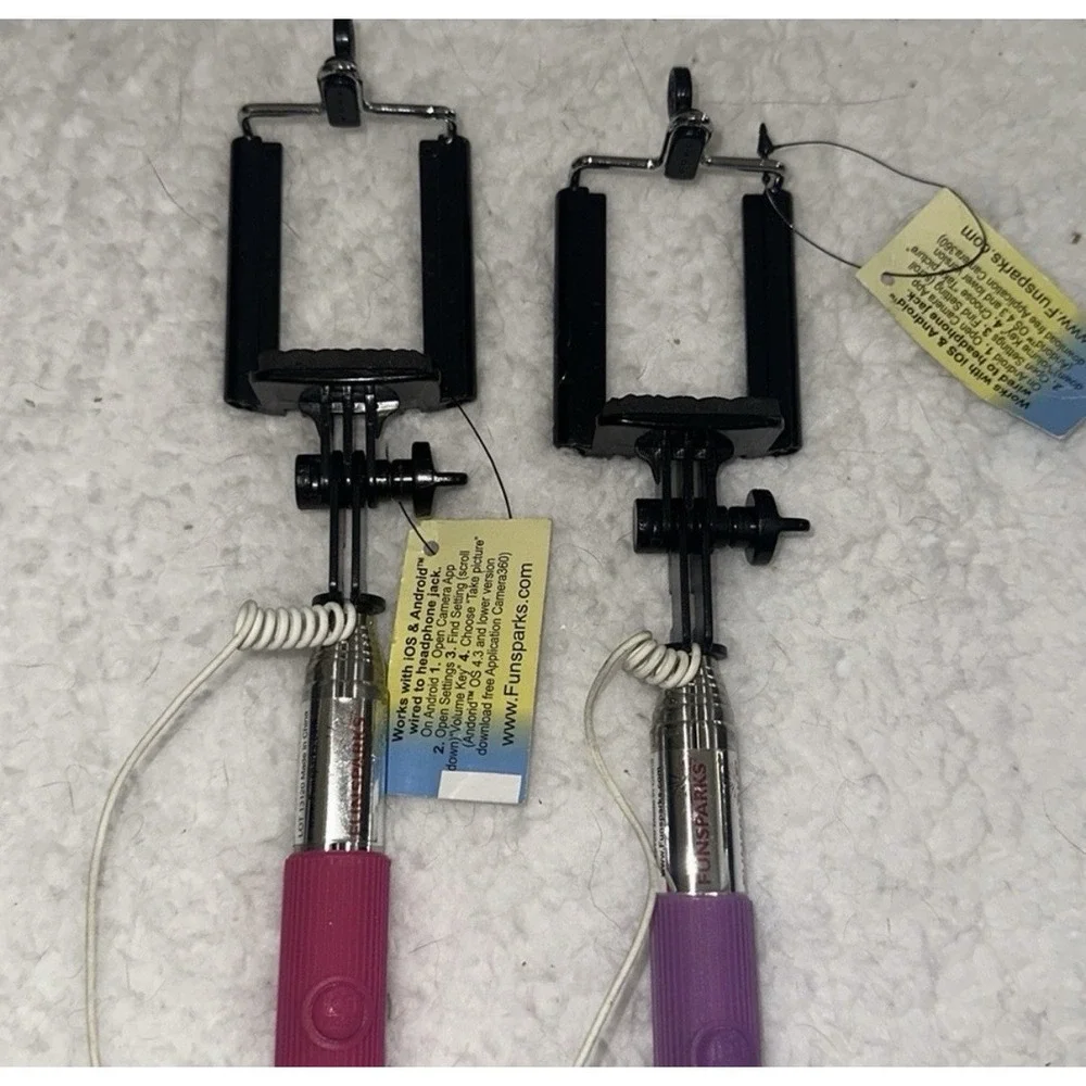Funsparks Wired Selfie Stick 2 Pack Pink Purple Extendable Monopod iOS Android